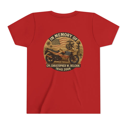 Cpl. Christopher W. Belchik Memorial Tribute Youth Tee, Black Graphic Shirt, Honor Veterans, Motorcycle Design, Gift for Kids, Perfect for Remembrance