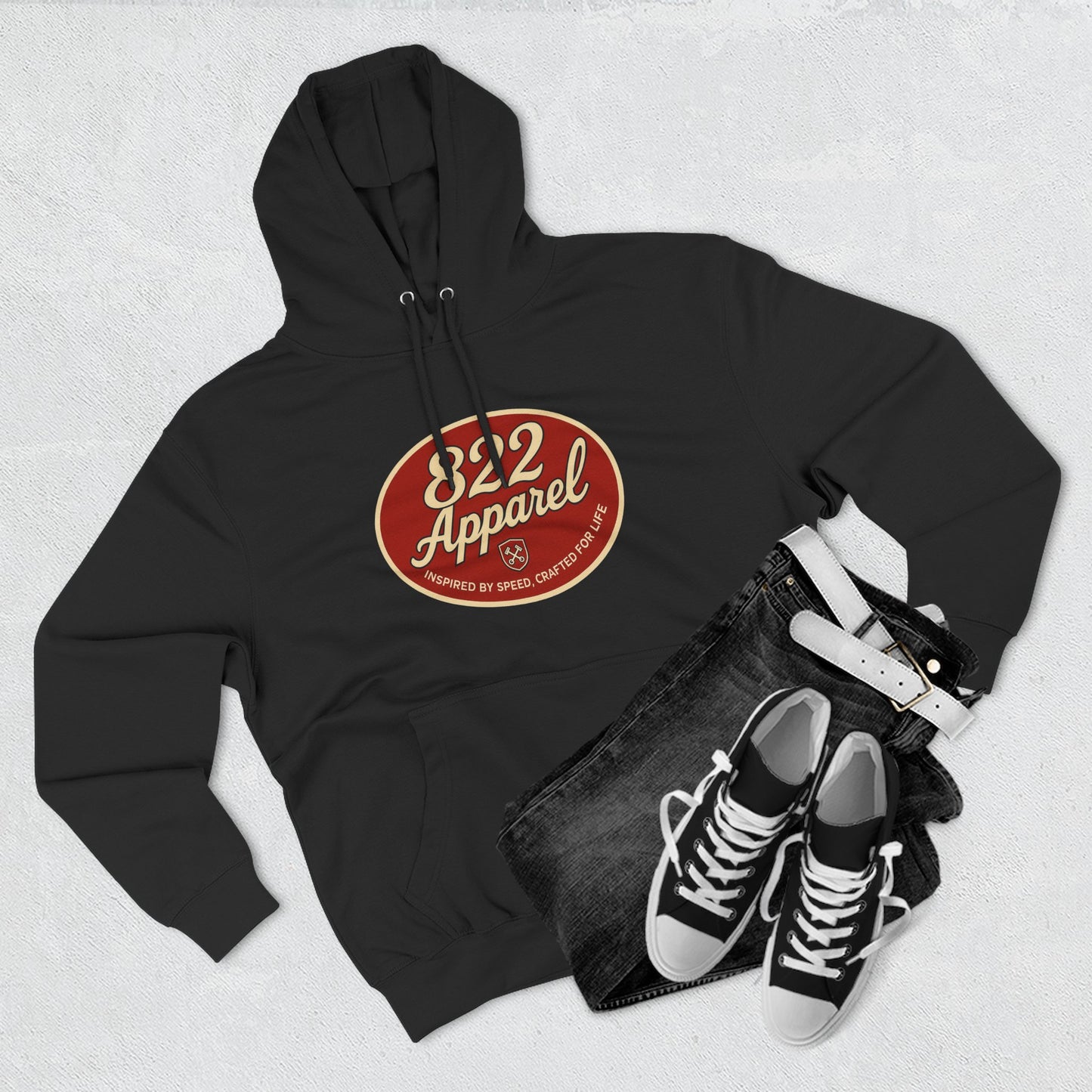 Cozy Three-Panel Fleece Hoodie with Retro 822 Apparel Design