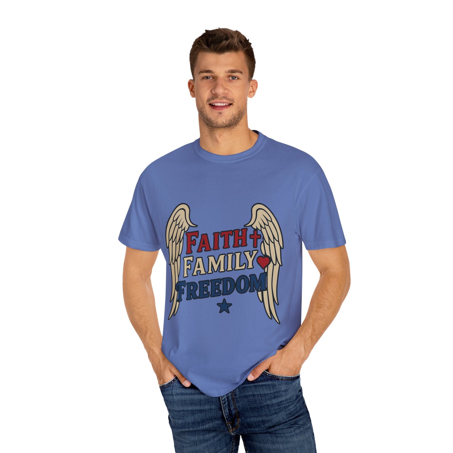 Faith Family Freedom Unisex T-Shirt | Garment-Dyed Tee for Celebrations, Casual Wear, Gift for Family, Freedom Lover, Everyday Style