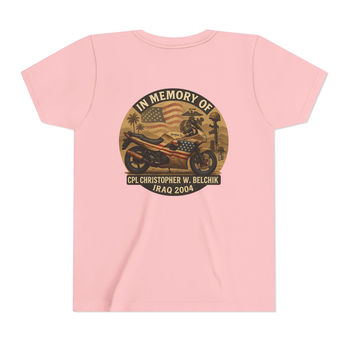 Cpl. Christopher W. Belchik Memorial Tribute Youth Tee, Black Graphic Shirt, Honor Veterans, Motorcycle Design, Gift for Kids, Perfect for Remembrance