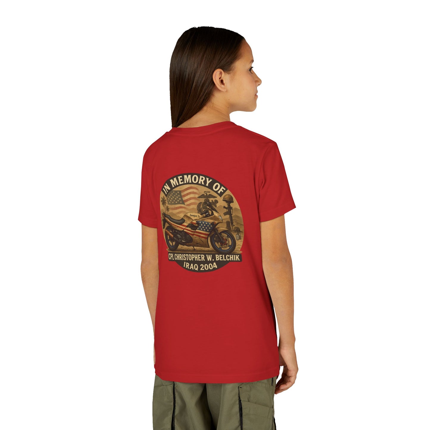 Cpl. Christopher W. Belchik Memorial Tribute Youth Tee, Black Graphic Shirt, Honor Veterans, Motorcycle Design, Gift for Kids, Perfect for Remembrance