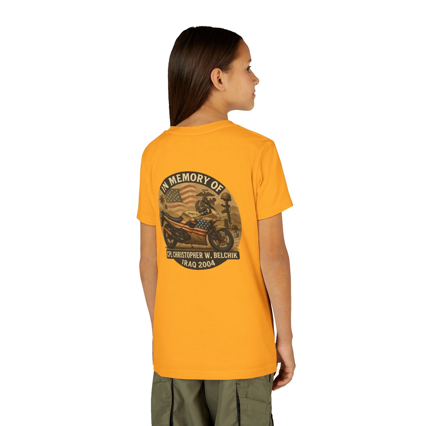 Cpl. Christopher W. Belchik Memorial Tribute Youth Tee, Black Graphic Shirt, Honor Veterans, Motorcycle Design, Gift for Kids, Perfect for Remembrance
