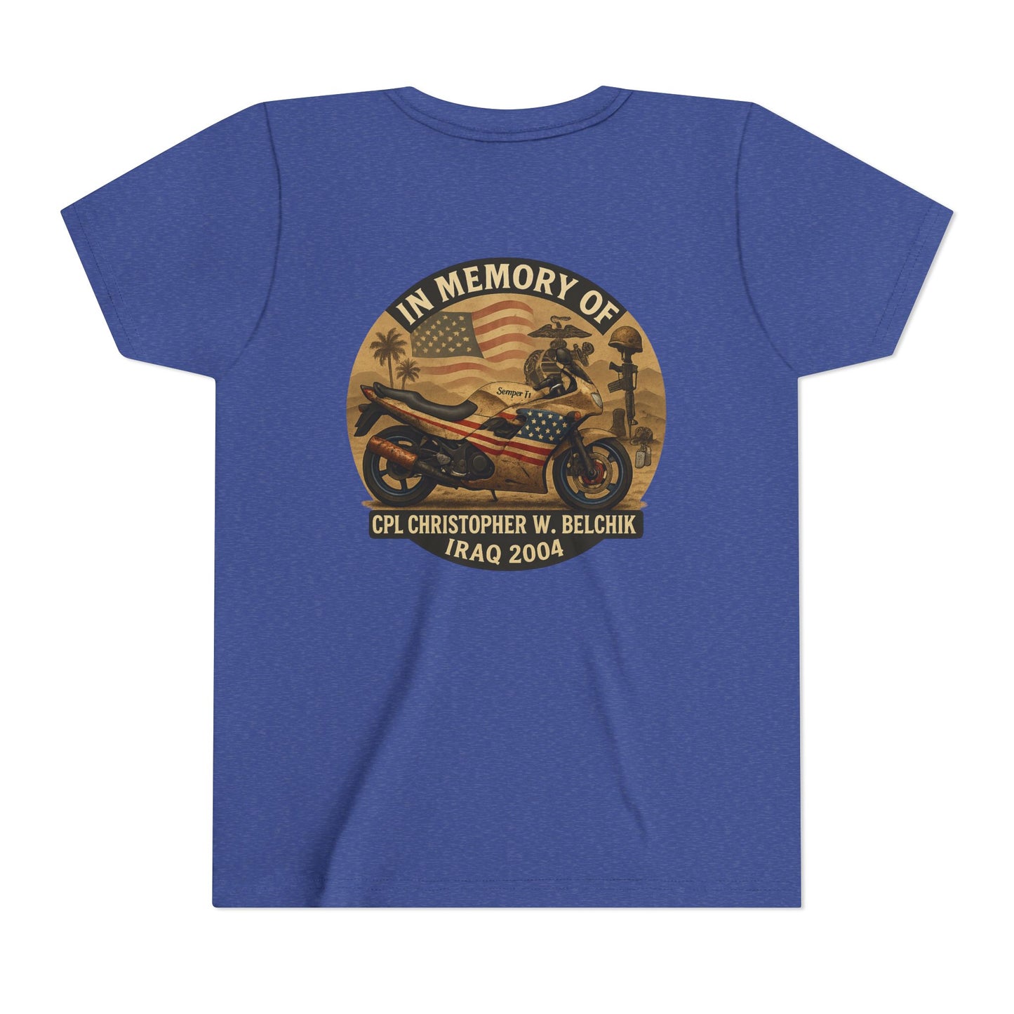 Cpl. Christopher W. Belchik Memorial Tribute Youth Tee, Black Graphic Shirt, Honor Veterans, Motorcycle Design, Gift for Kids, Perfect for Remembrance