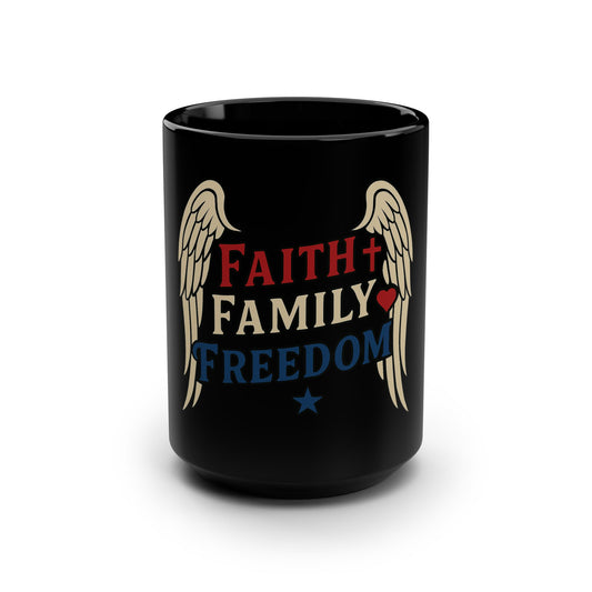 Faith Family Freedom Mug, 15oz Coffee Cup, Inspirational Gift, Christian Home Decor, Perfect for Any Occasion
