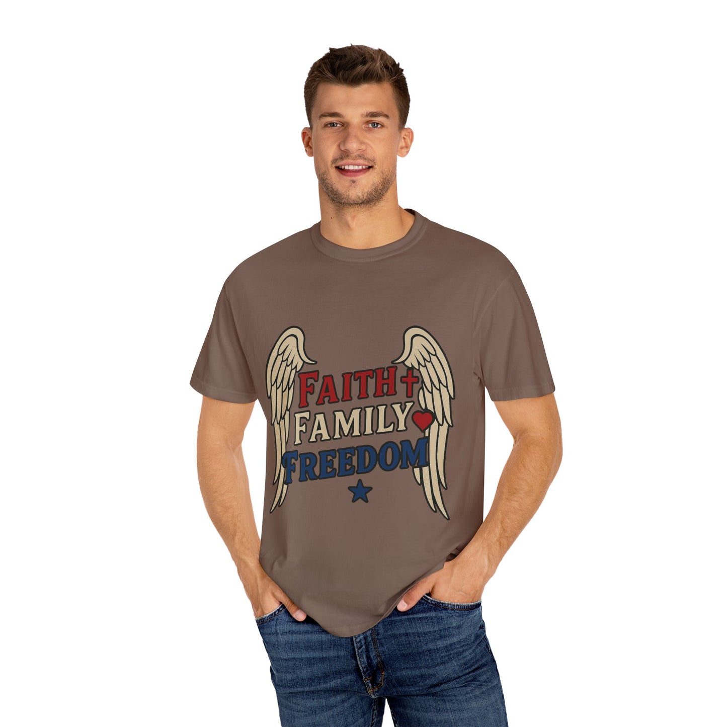 Faith Family Freedom Unisex T-Shirt | Garment-Dyed Tee for Celebrations, Casual Wear, Gift for Family, Freedom Lover, Everyday Style