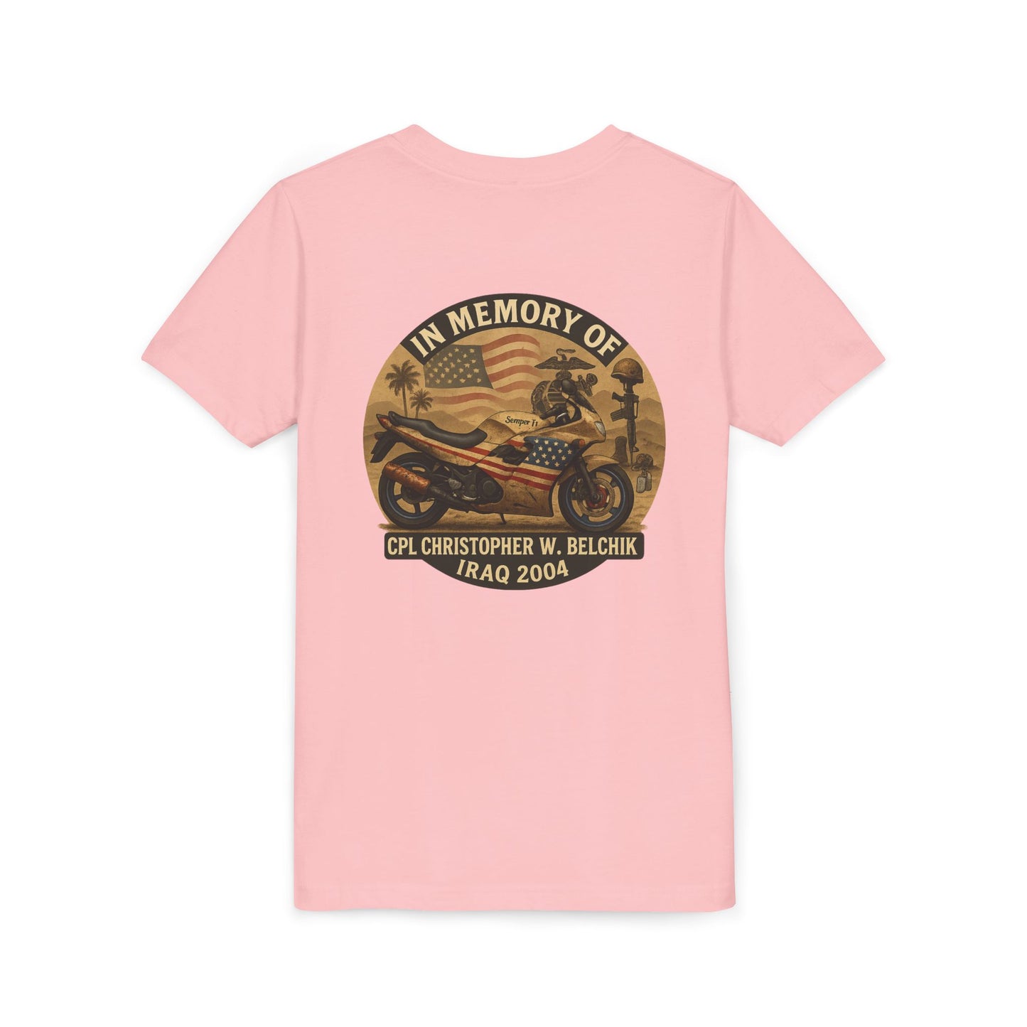 Cpl. Christopher W. Belchik Memorial Tribute Youth Tee, Black Graphic Shirt, Honor Veterans, Motorcycle Design, Gift for Kids, Perfect for Remembrance