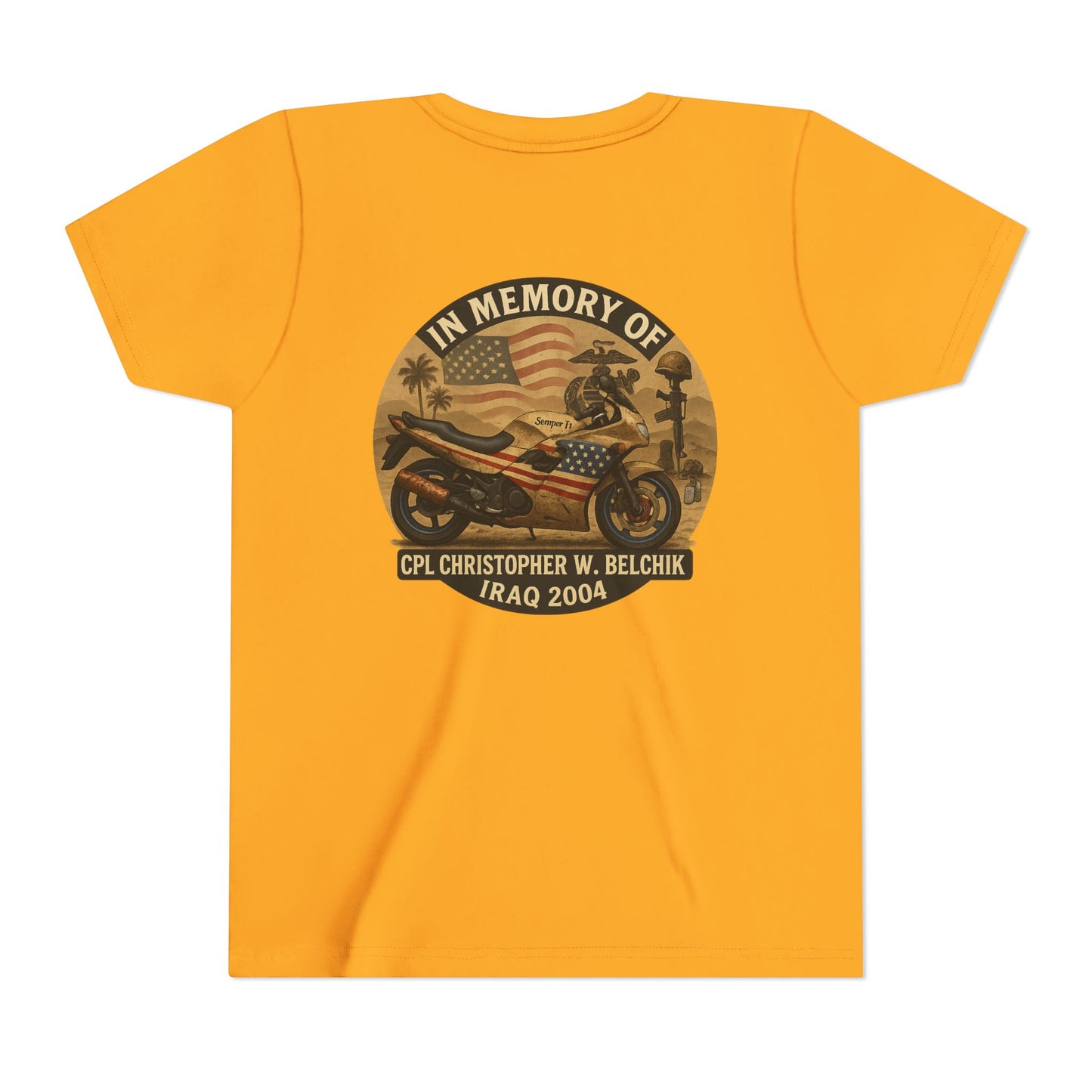Cpl. Christopher W. Belchik Memorial Tribute Youth Tee, Black Graphic Shirt, Honor Veterans, Motorcycle Design, Gift for Kids, Perfect for Remembrance