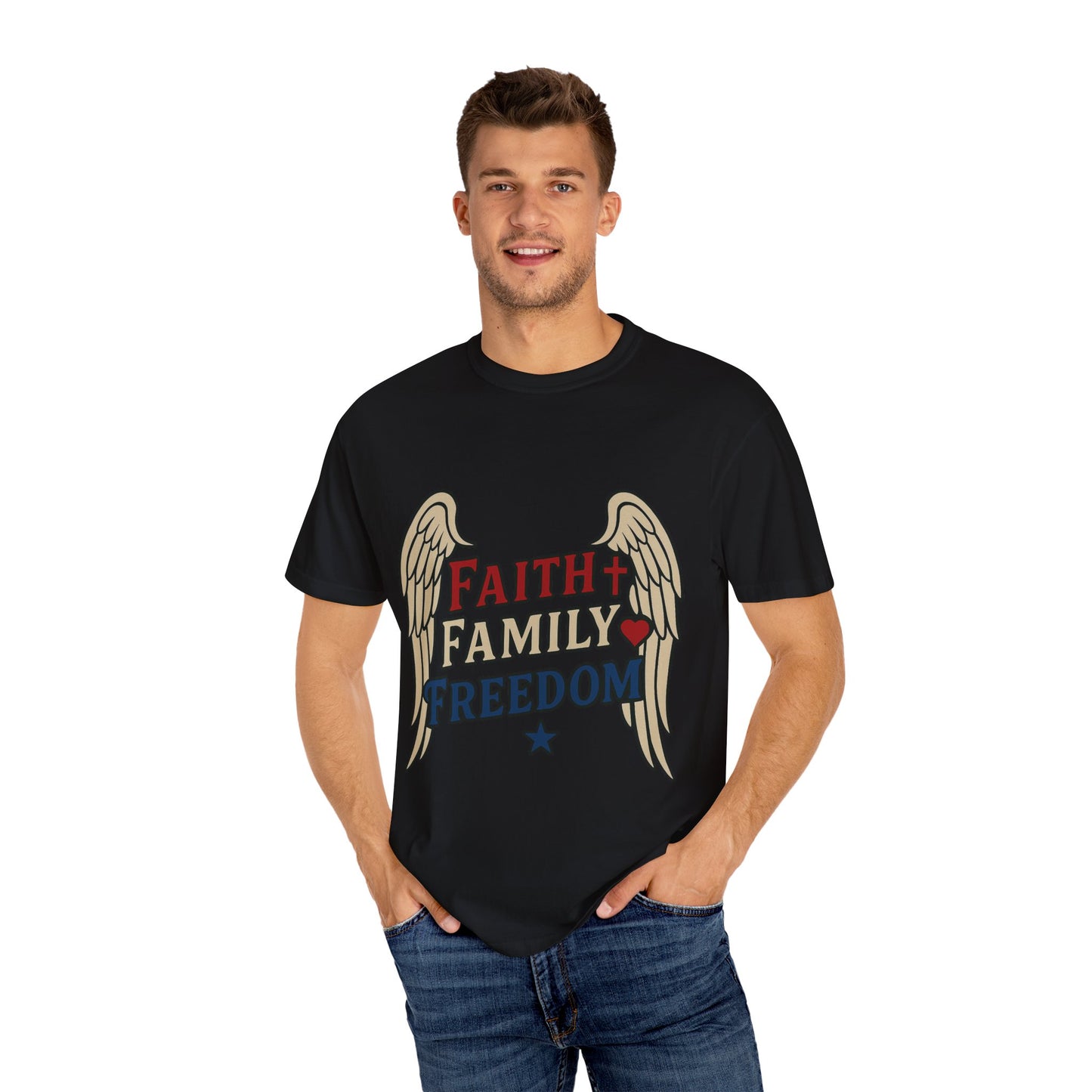 Faith Family Freedom Unisex T-Shirt | Garment-Dyed Tee for Celebrations, Casual Wear, Gift for Family, Freedom Lover, Everyday Style