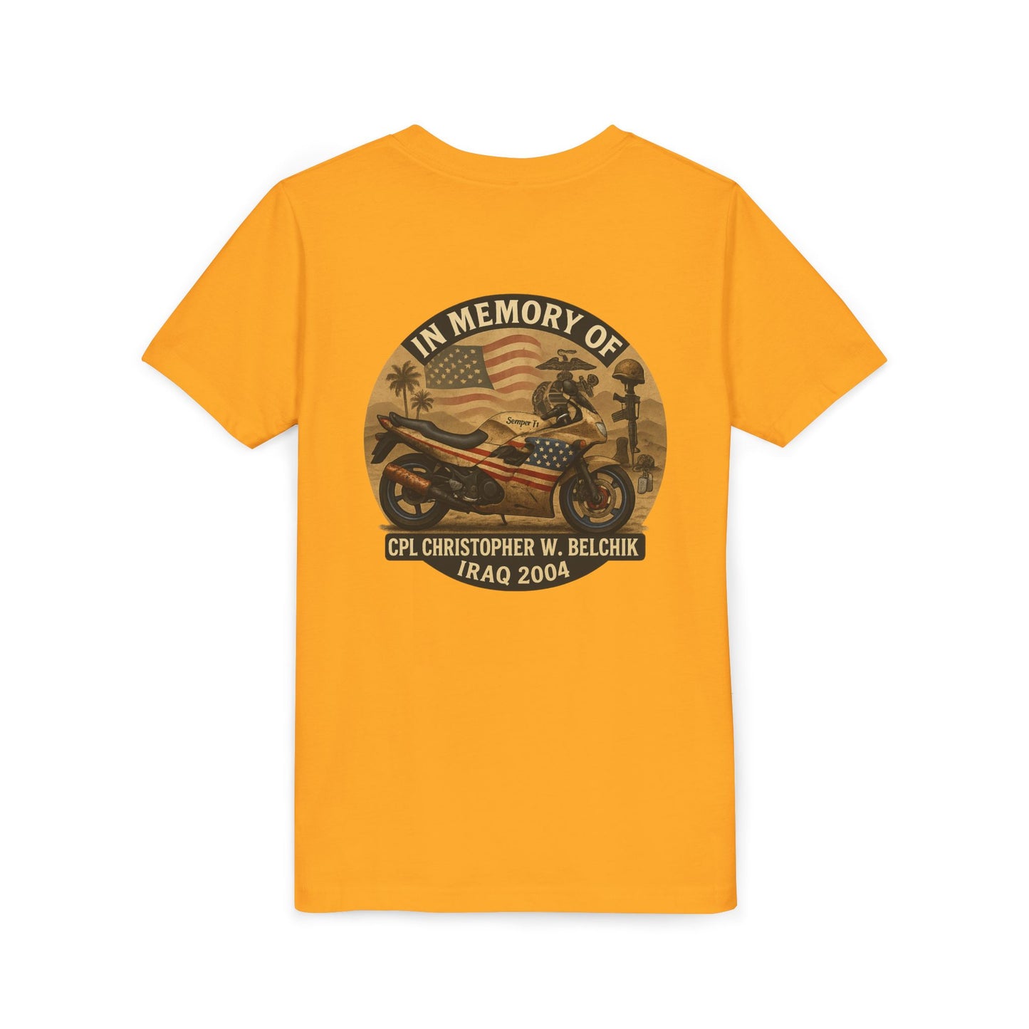 Cpl. Christopher W. Belchik Memorial Tribute Youth Tee, Black Graphic Shirt, Honor Veterans, Motorcycle Design, Gift for Kids, Perfect for Remembrance