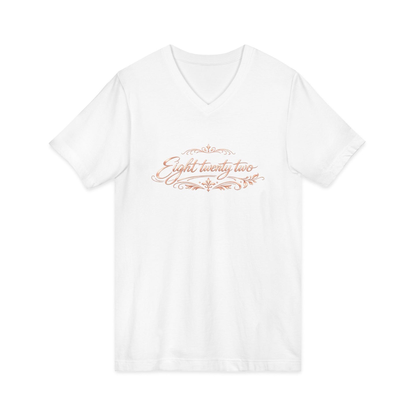 V-Neck Tee “Eight Twenty-Two” Script — Minimal Rose Gold Date Shirt
