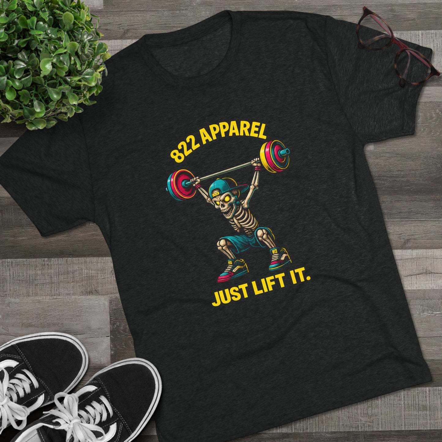Weightlifting Skeleton T-Shirt — "822 Apparel" Just Lift It Gym Tee