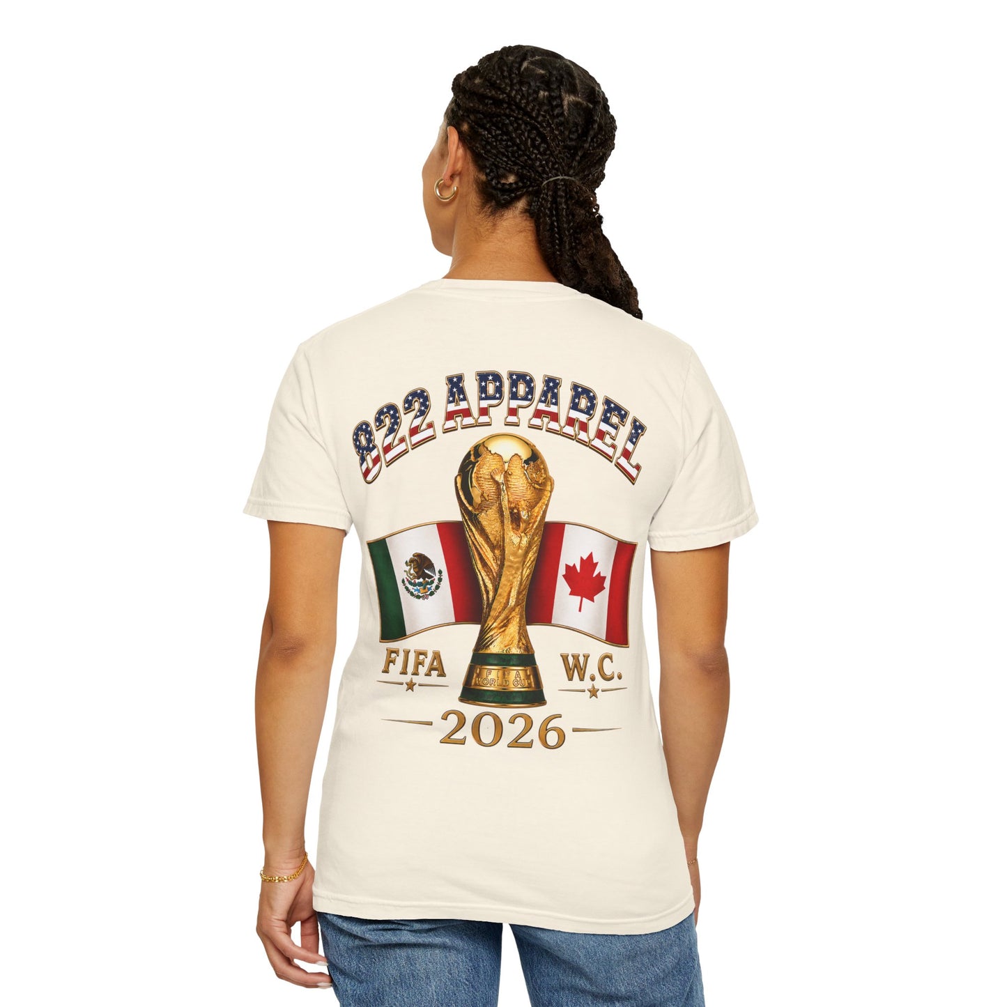 FIFA 2026 World Cup Soccer T-Shirt — USA/Mexico/Canada Flags & Trophy