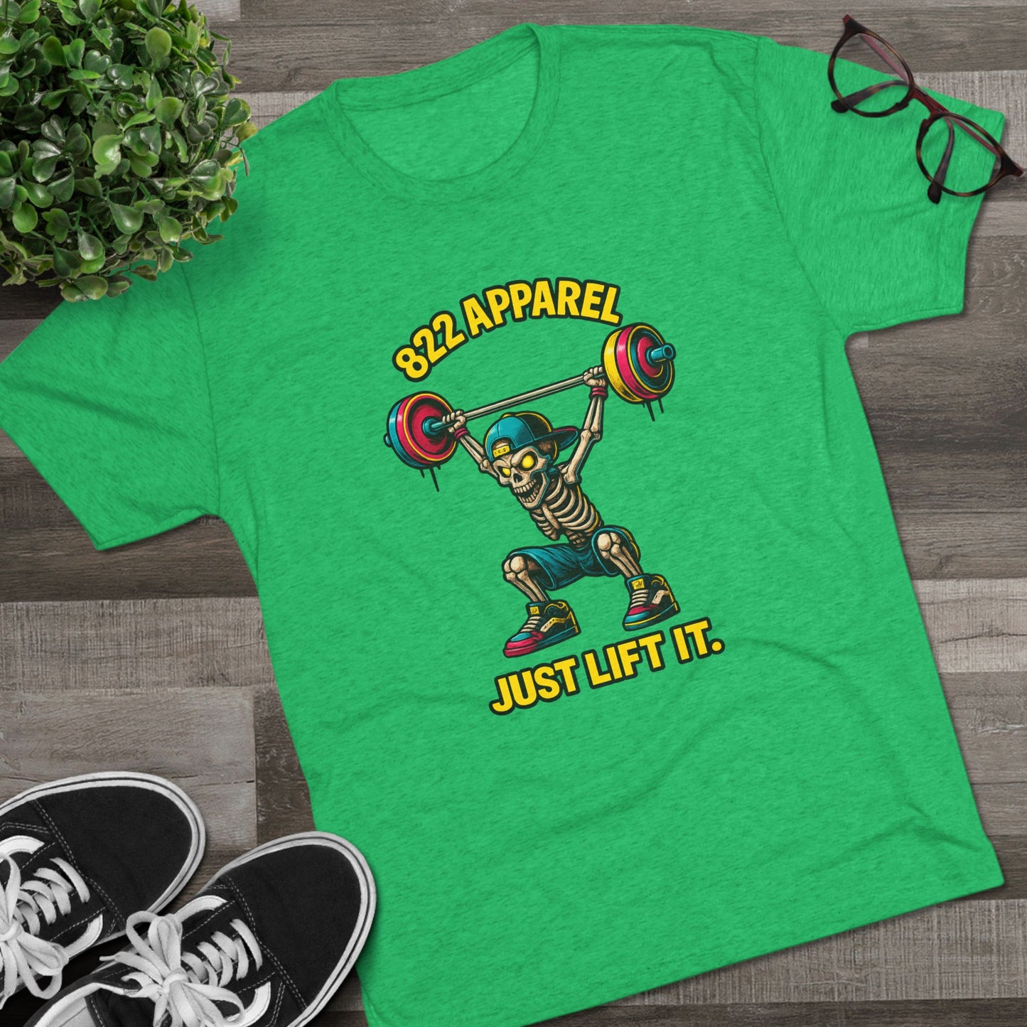 Weightlifting Skeleton T-Shirt — "822 Apparel" Just Lift It Gym Tee