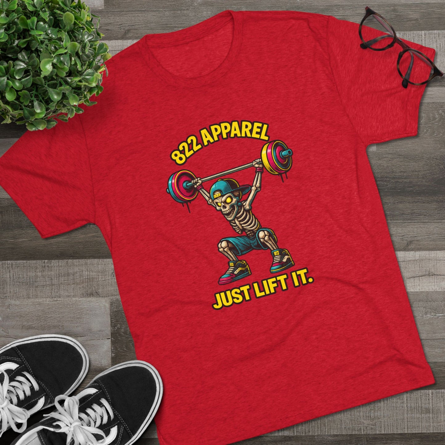 Weightlifting Skeleton T-Shirt — "822 Apparel" Just Lift It Gym Tee