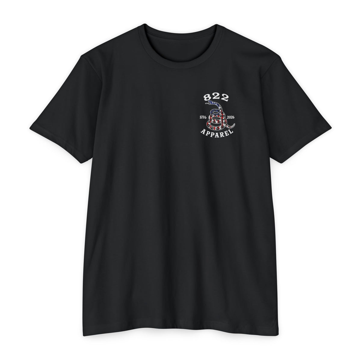 822 Apparel Gadsden Flag Snake T-Shirt — Patriotic 1776–2026 Graphic Tee