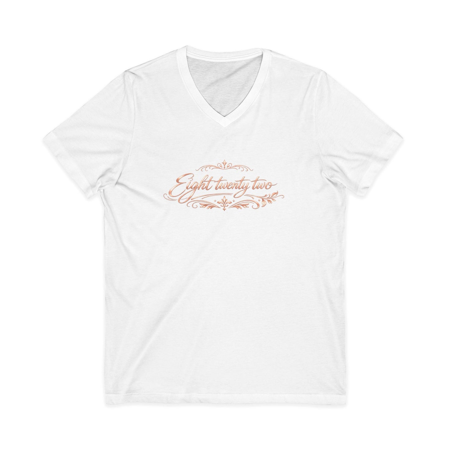 V-Neck Tee “Eight Twenty-Two” Script — Minimal Rose Gold Date Shirt