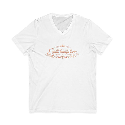 V-Neck Tee “Eight Twenty-Two” Script — Minimal Rose Gold Date Shirt
