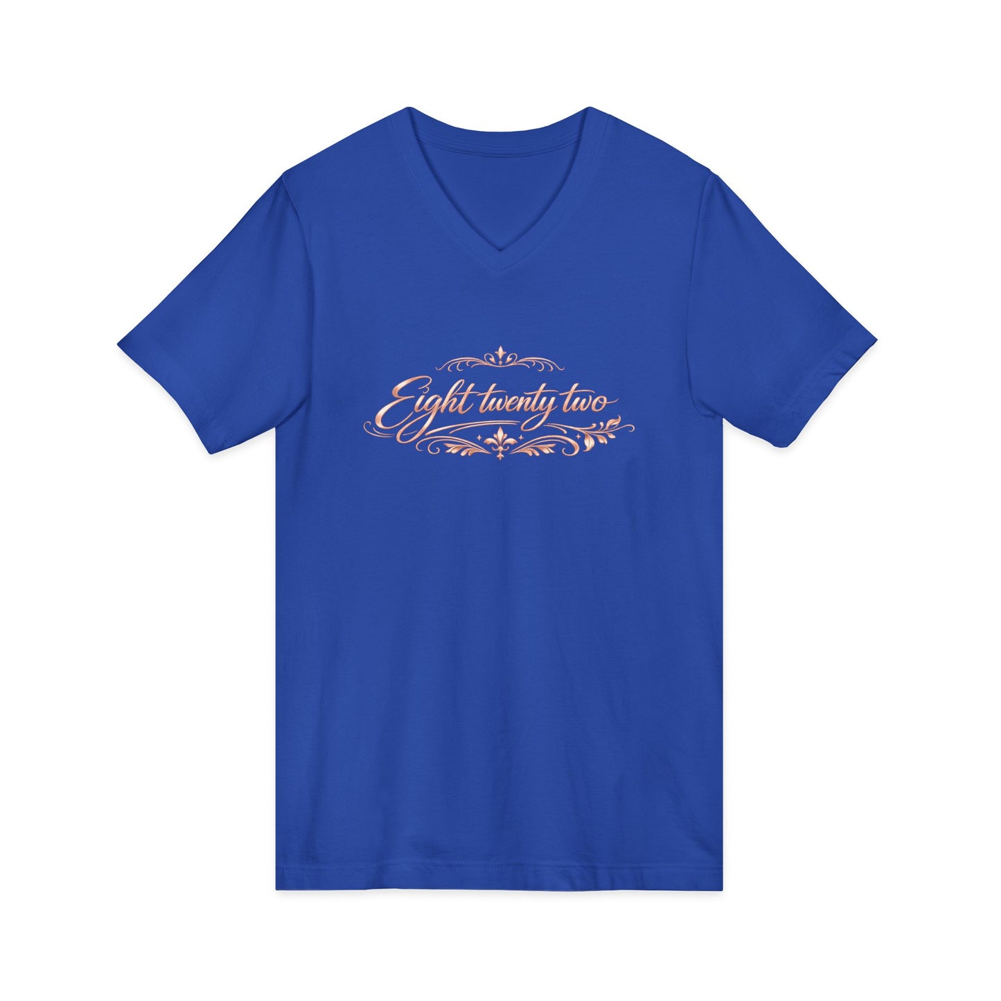 V-Neck Tee “Eight Twenty-Two” Script — Minimal Rose Gold Date Shirt