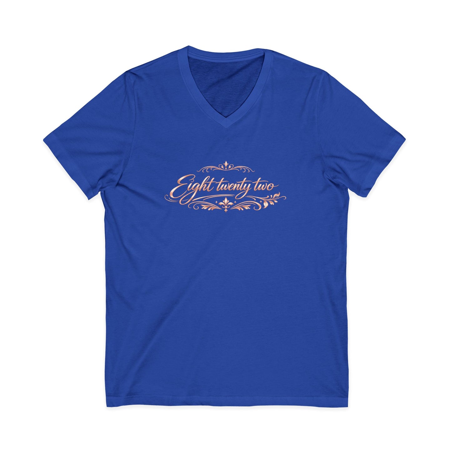 V-Neck Tee “Eight Twenty-Two” Script — Minimal Rose Gold Date Shirt