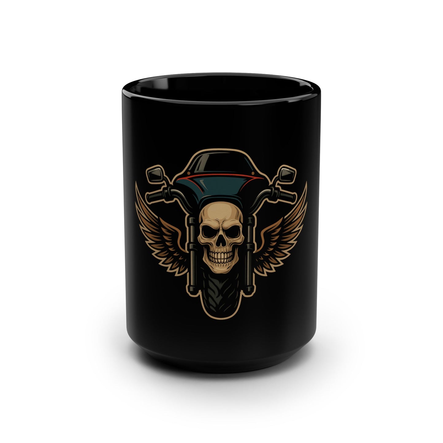 Skull & Wings Biker Mug - 15oz Coffee Cup, Motorcycle Lover Gift, Gothic Drinkware, Halloween Decor, Skull Enthusiast Item