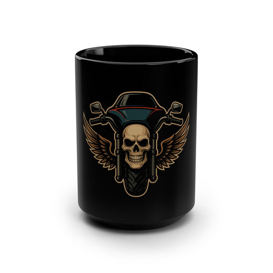Skull & Wings Biker Mug - 15oz Coffee Cup, Motorcycle Lover Gift, Gothic Drinkware, Halloween Decor, Skull Enthusiast Item