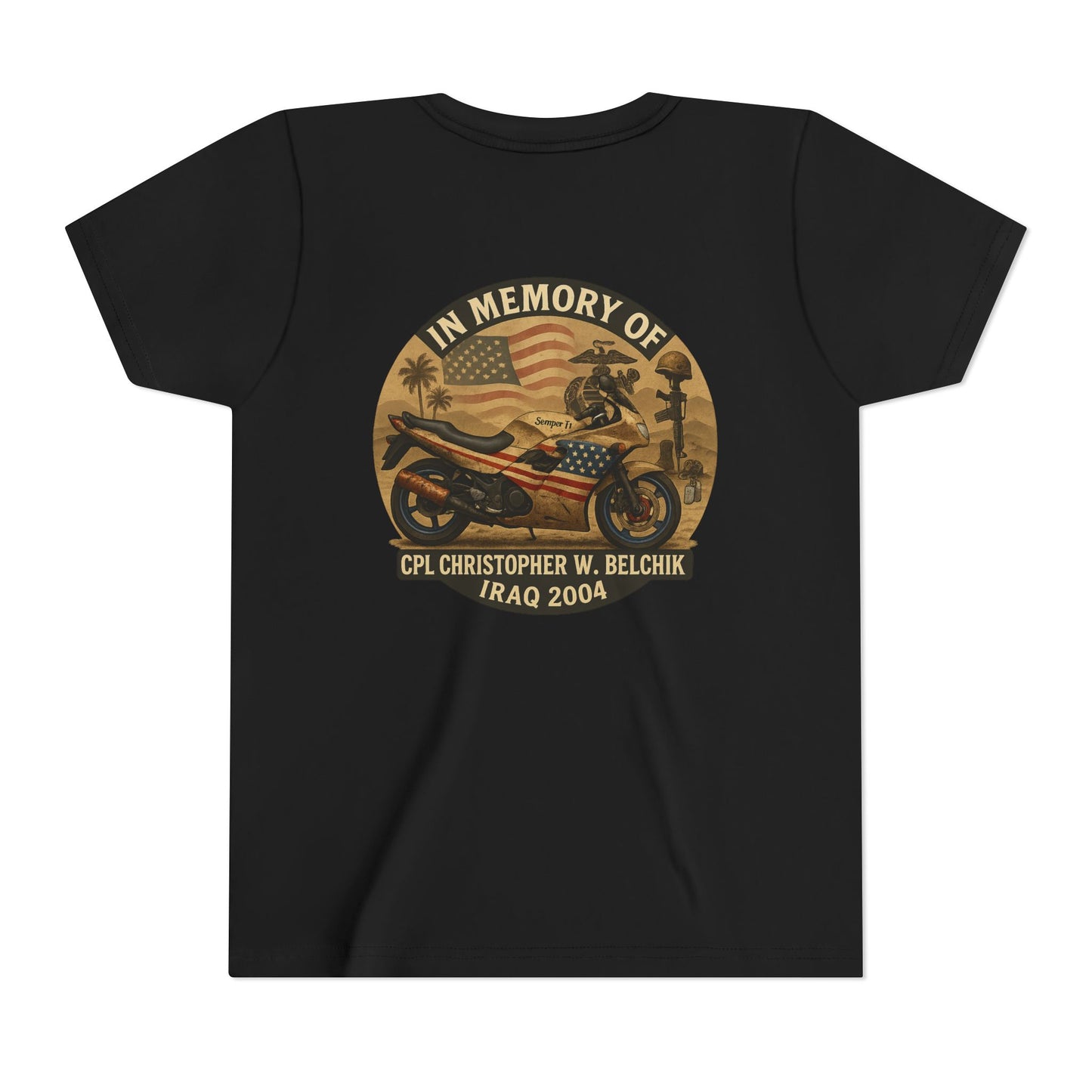 Cpl. Christopher W. Belchik Memorial Tribute Youth Tee, Black Graphic Shirt, Honor Veterans, Motorcycle Design, Gift for Kids, Perfect for Remembrance