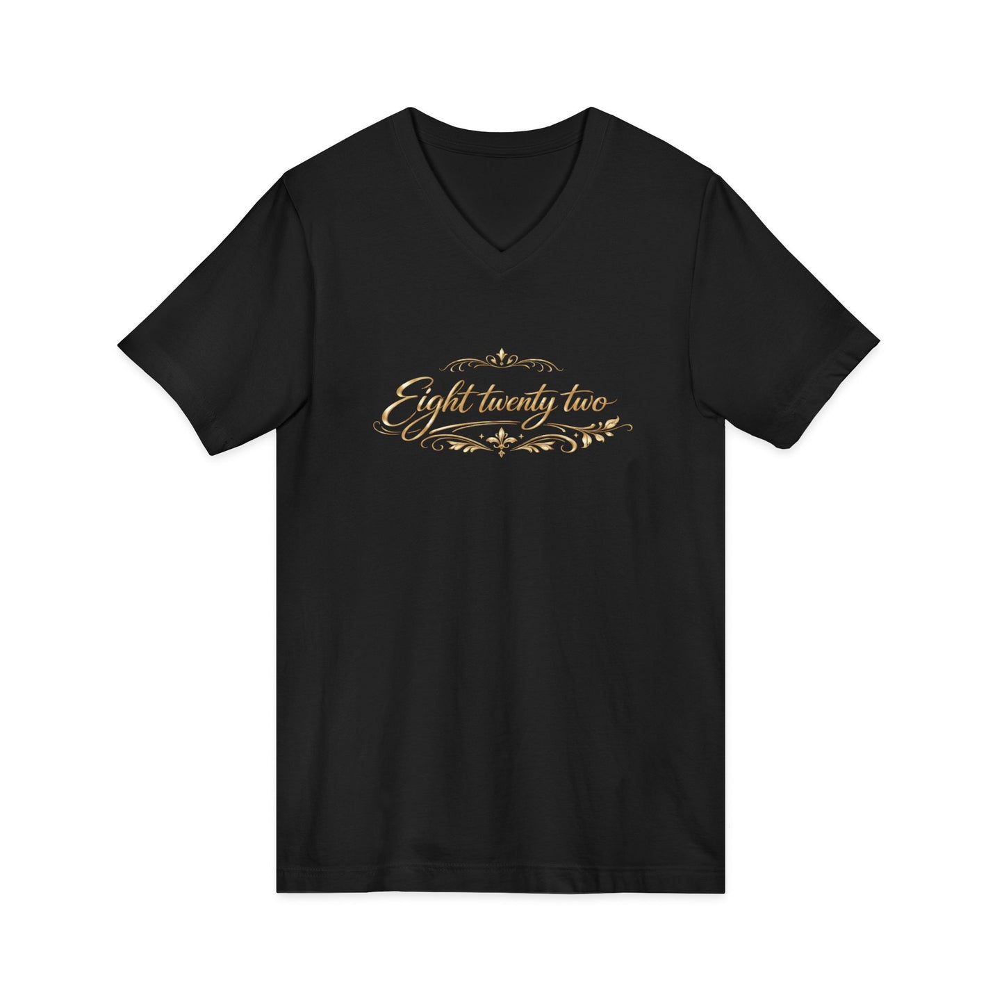 V-Neck Tee — 'Eight Twenty Two' Elegant Gold Script Vintage Design