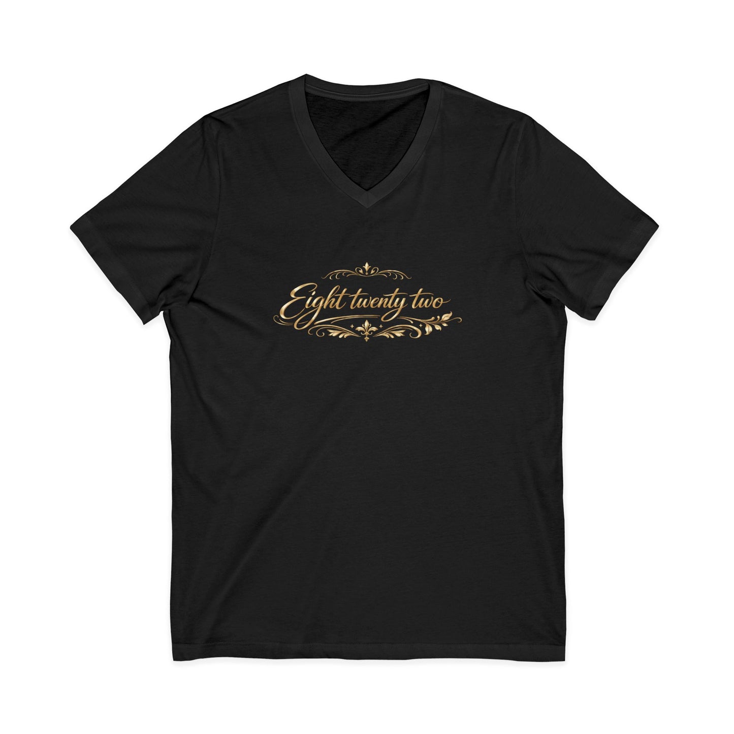V-Neck Tee — 'Eight Twenty Two' Elegant Gold Script Vintage Design