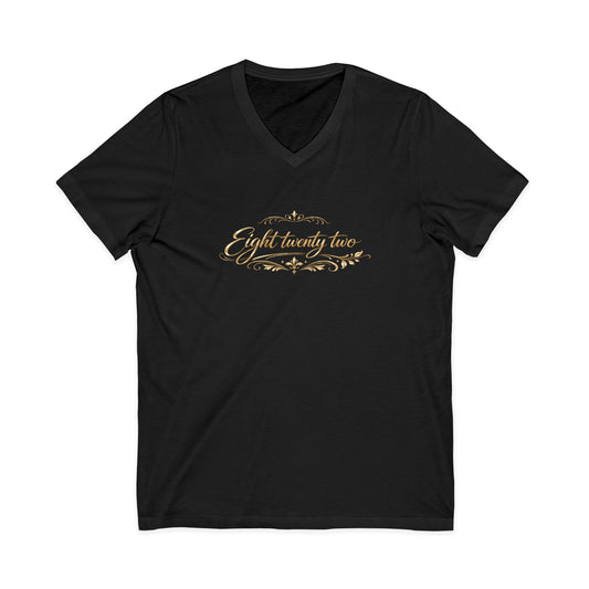 V-Neck Tee — 'Eight Twenty Two' Elegant Gold Script Vintage Design