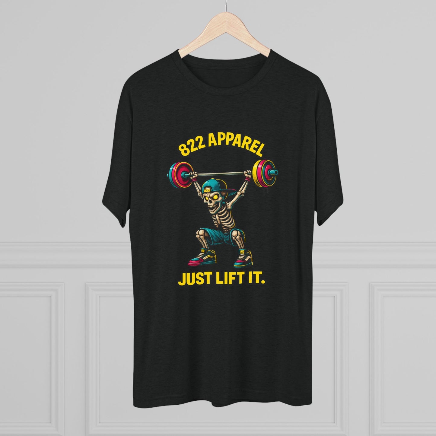Weightlifting Skeleton T-Shirt — "822 Apparel" Just Lift It Gym Tee
