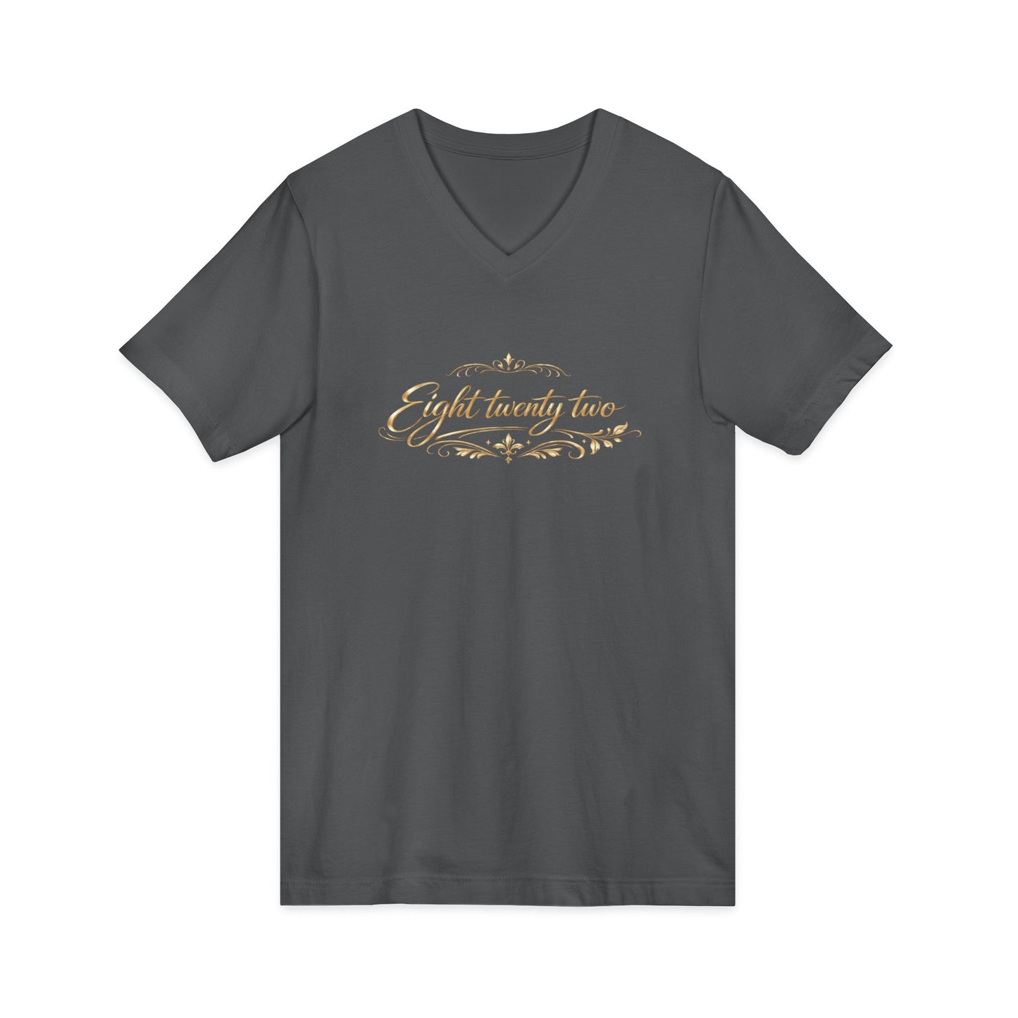 V-Neck Tee — 'Eight Twenty Two' Elegant Gold Script Vintage Design