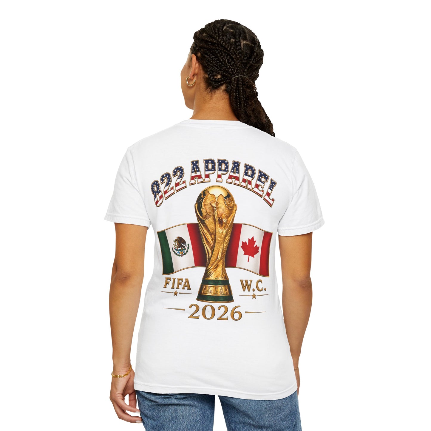 FIFA 2026 World Cup Soccer T-Shirt — USA/Mexico/Canada Flags & Trophy