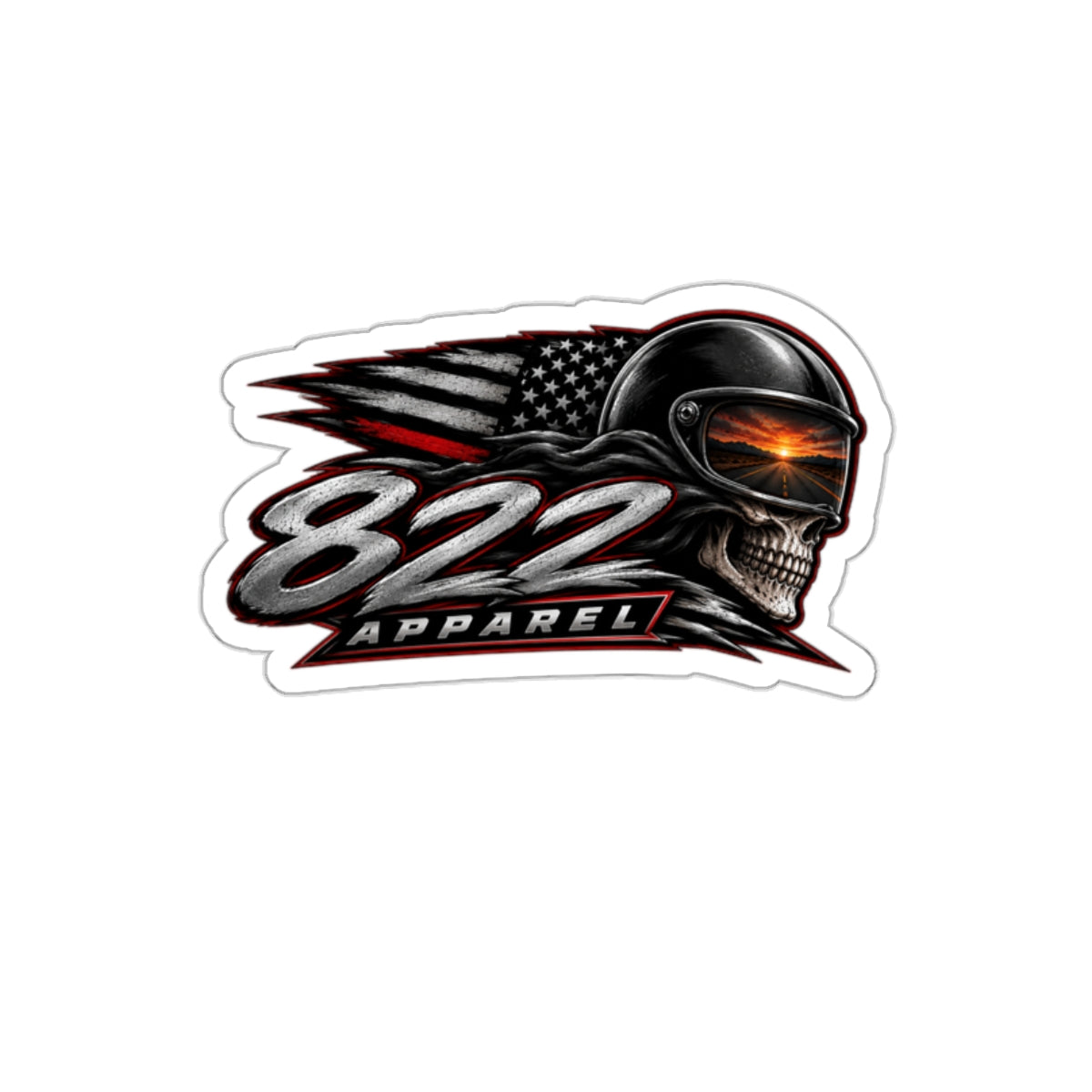 822 Apparel Skull Helmet Die-Cut Sticker — Biker American Flag Decal