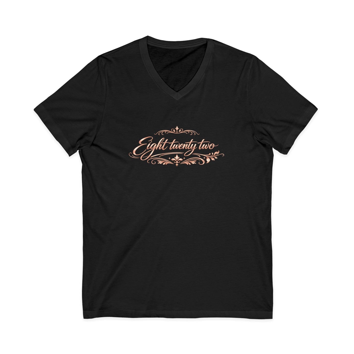 V-Neck Tee “Eight Twenty-Two” Script — Minimal Rose Gold Date Shirt