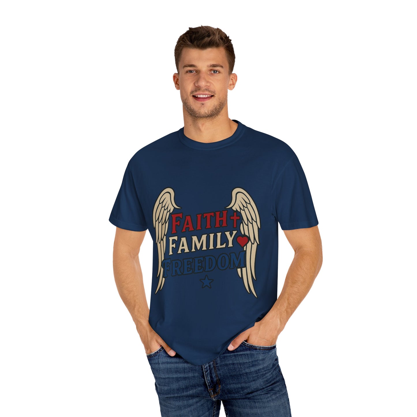 Faith Family Freedom Unisex T-Shirt | Garment-Dyed Tee for Celebrations, Casual Wear, Gift for Family, Freedom Lover, Everyday Style