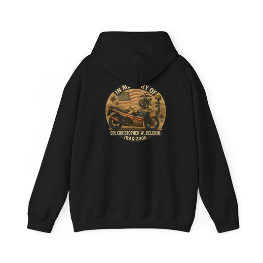 Cpl. Christopher W. Belchik Memorial Motorcycle Hoodie, Unisex Heavy Blend Sweatshirt, Tribute Gift, Vintage Motocycle Design, Remembrance Apparel, Comfort Wear