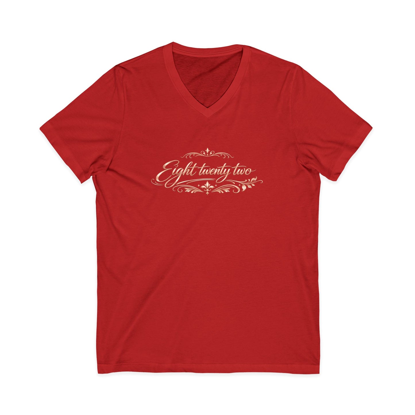 V-Neck Tee “Eight Twenty-Two” Script — Minimal Rose Gold Date Shirt