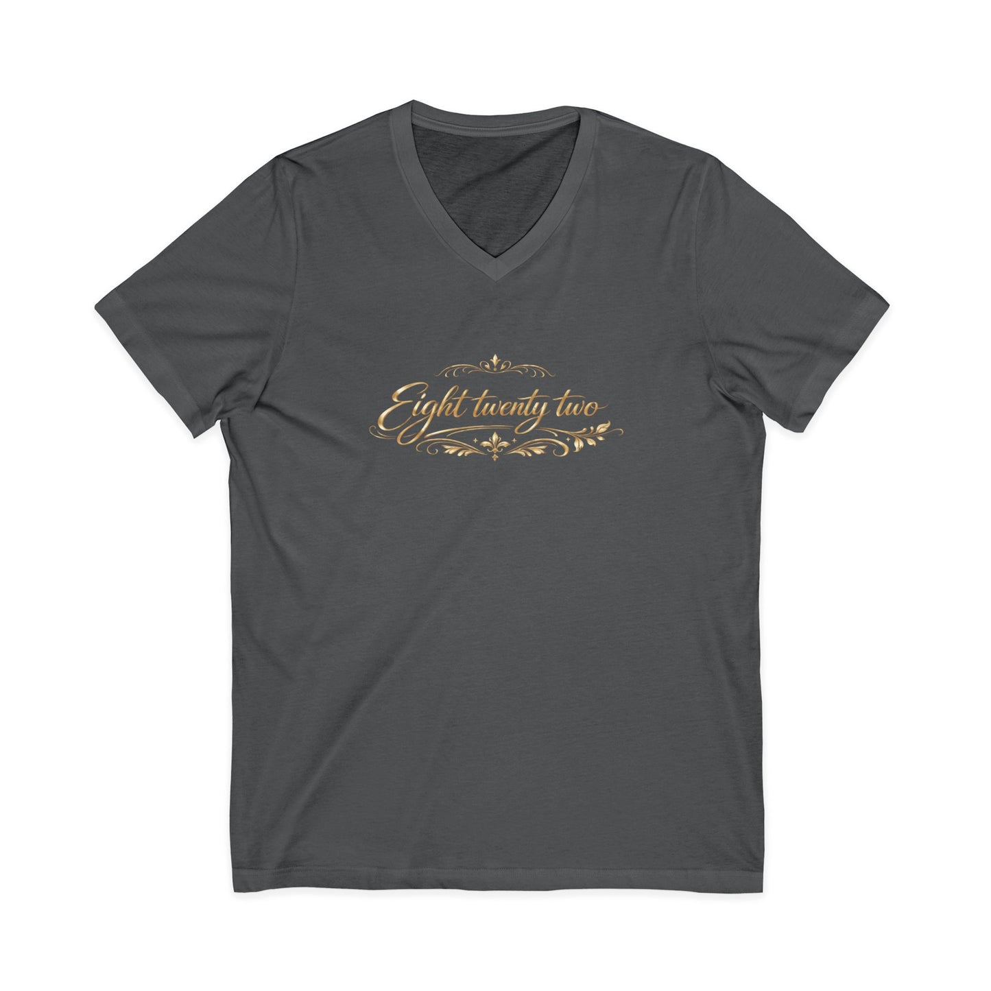V-Neck Tee — 'Eight Twenty Two' Elegant Gold Script Vintage Design