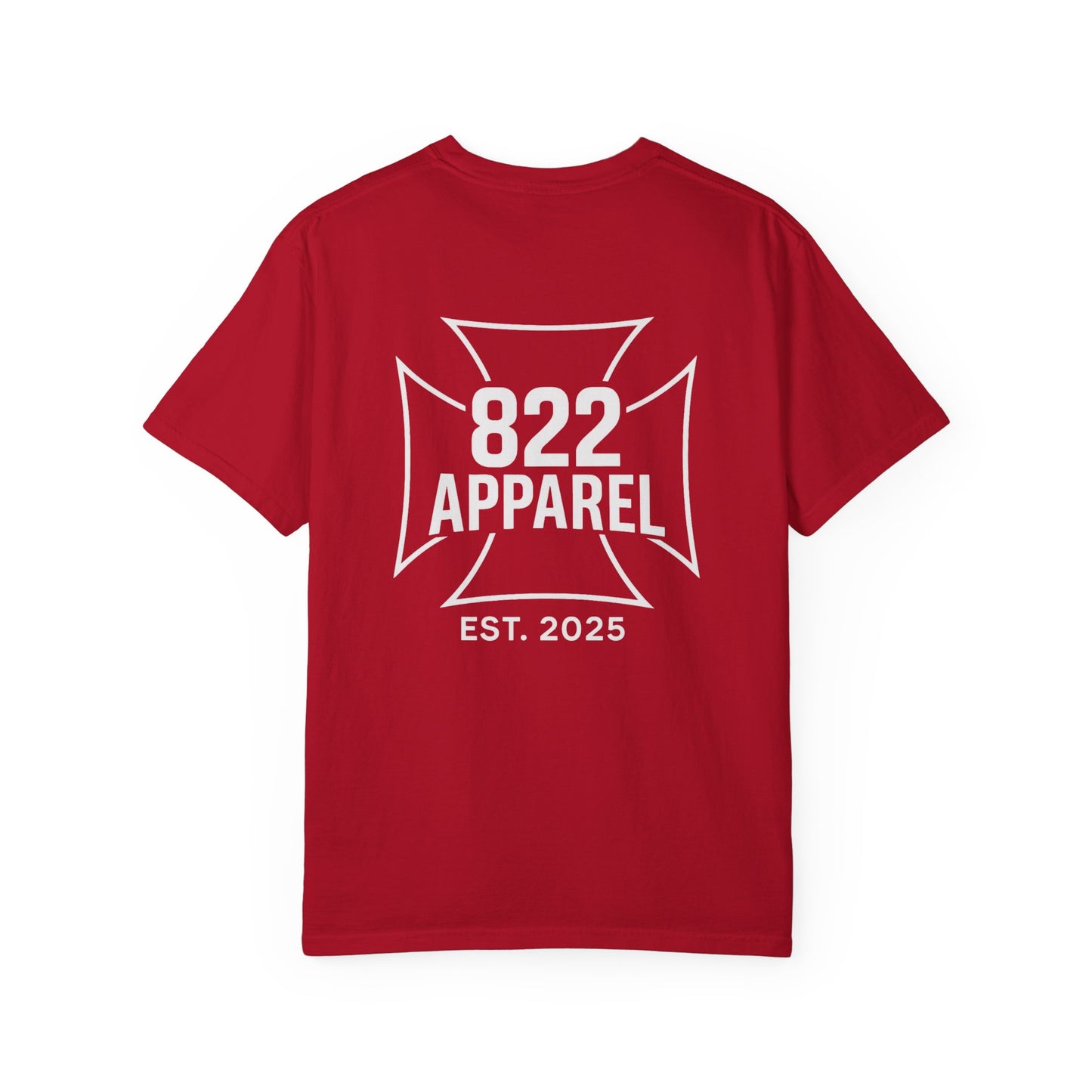 822 Apparel T-Shirt — Bold Maltese Cross Graphic, "Est. 2025" Back Print