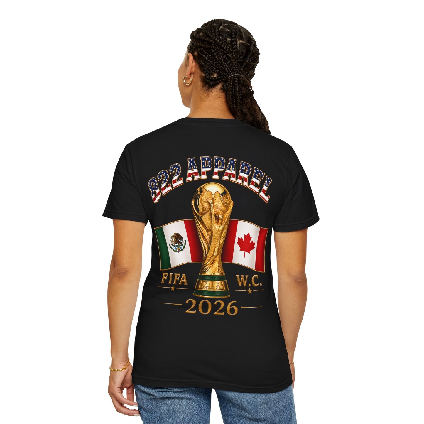 FIFA 2026 World Cup Soccer T-Shirt — USA/Mexico/Canada Flags & Trophy