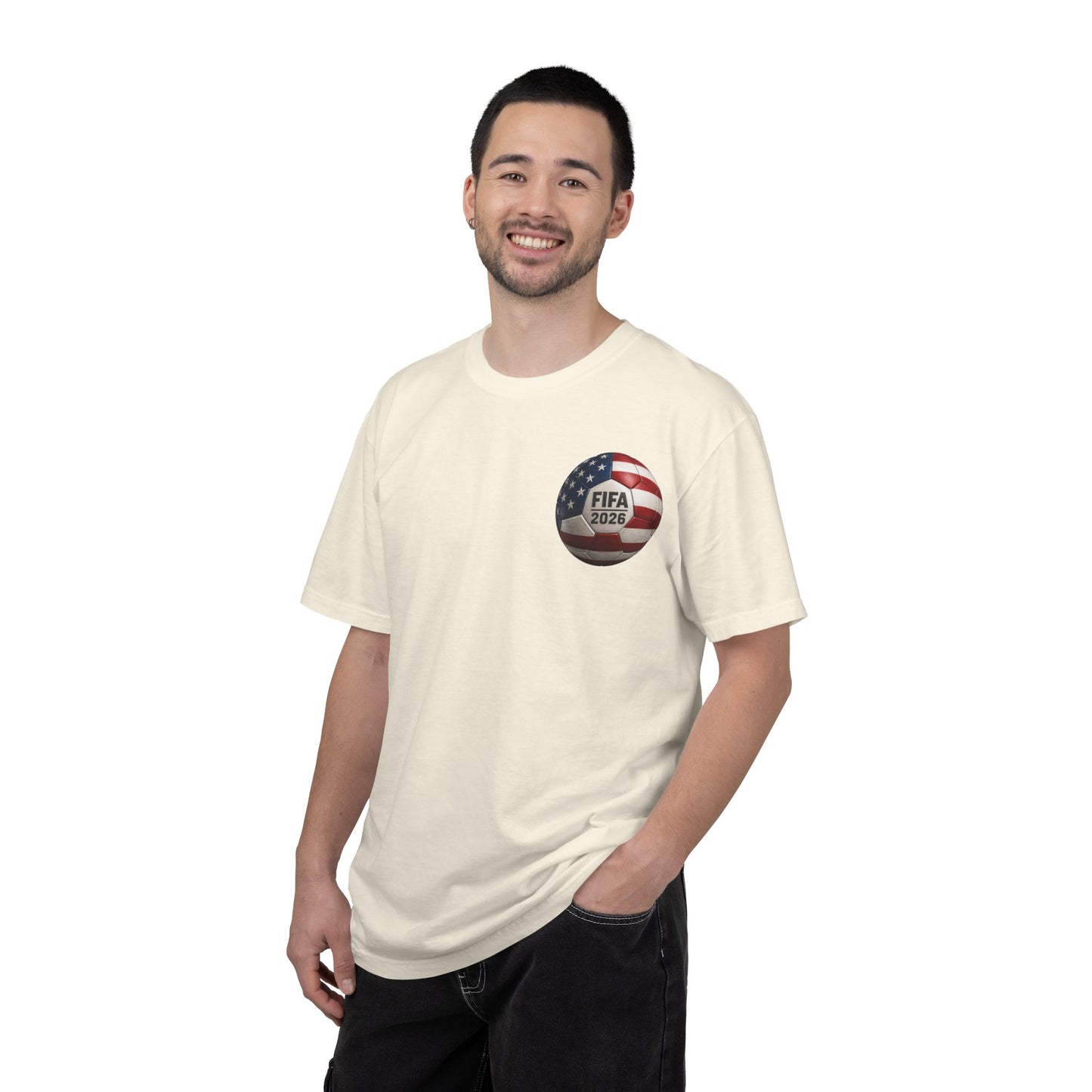 FIFA 2026 World Cup Soccer T-Shirt — USA/Mexico/Canada Flags & Trophy