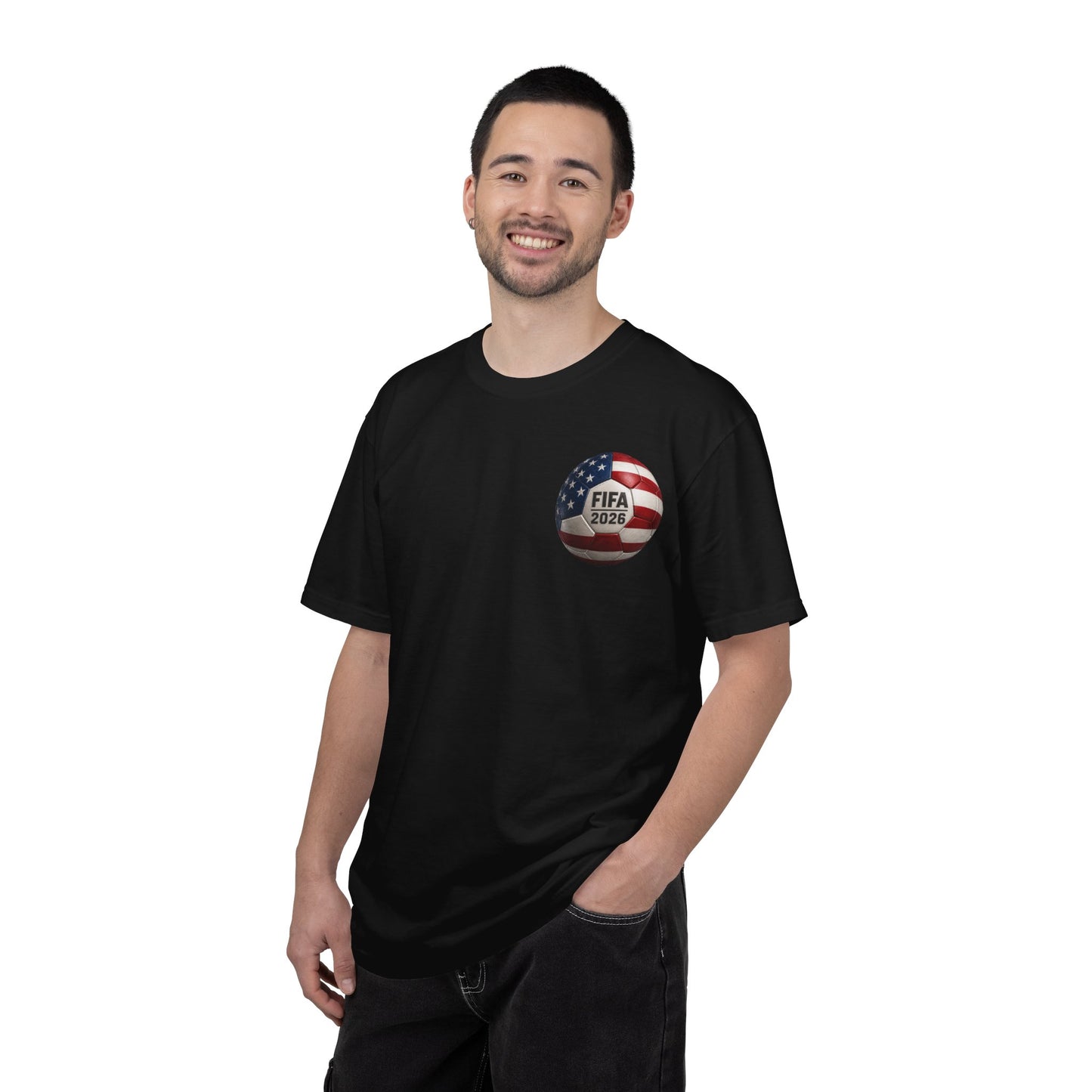 FIFA 2026 World Cup Soccer T-Shirt — USA/Mexico/Canada Flags & Trophy