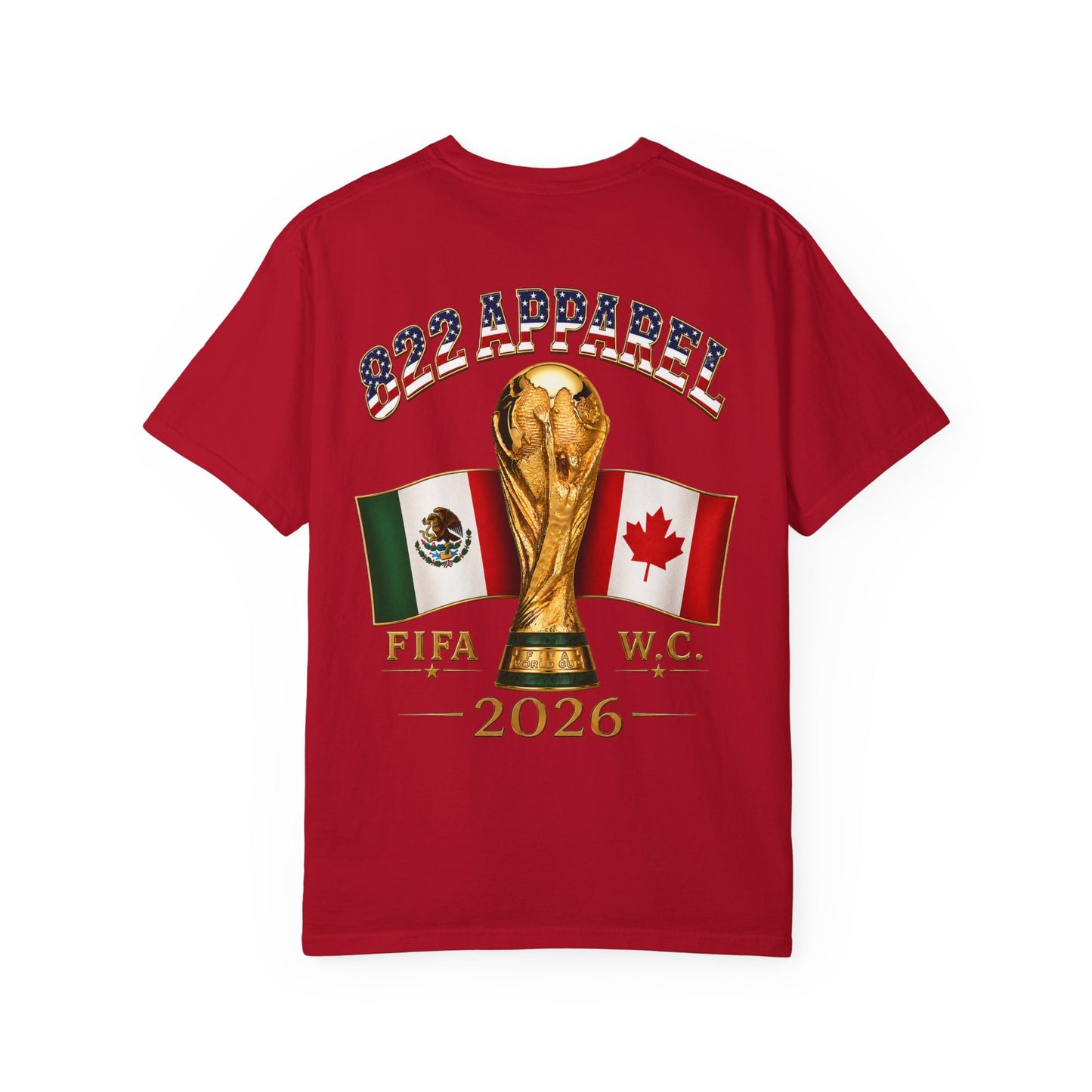 FIFA 2026 World Cup Soccer T-Shirt — USA/Mexico/Canada Flags & Trophy