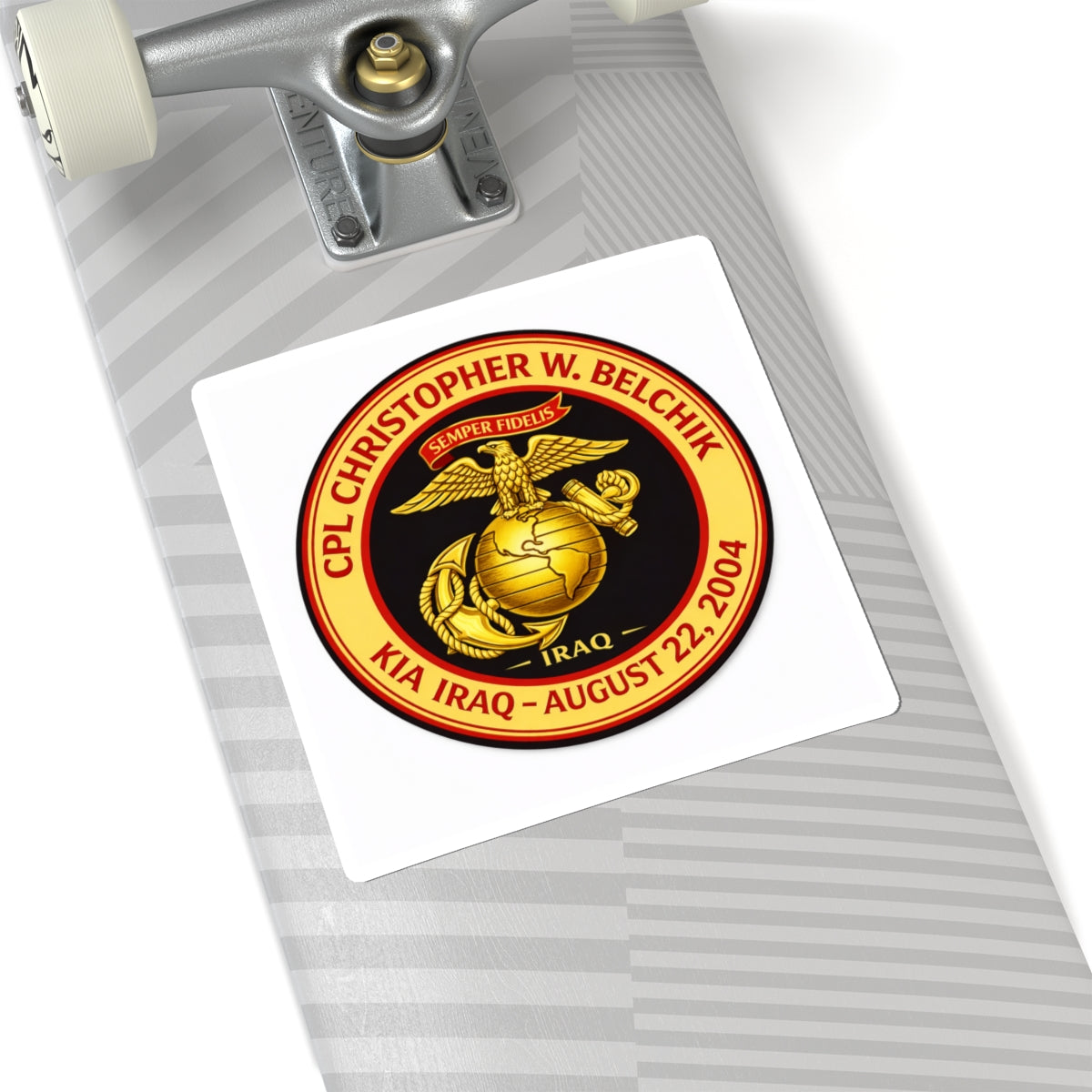 Kiss-Cut Sticker — Memorial USMC Emblem: CPL Christopher W. Belchik, KIA Iraq Aug 22, 2004