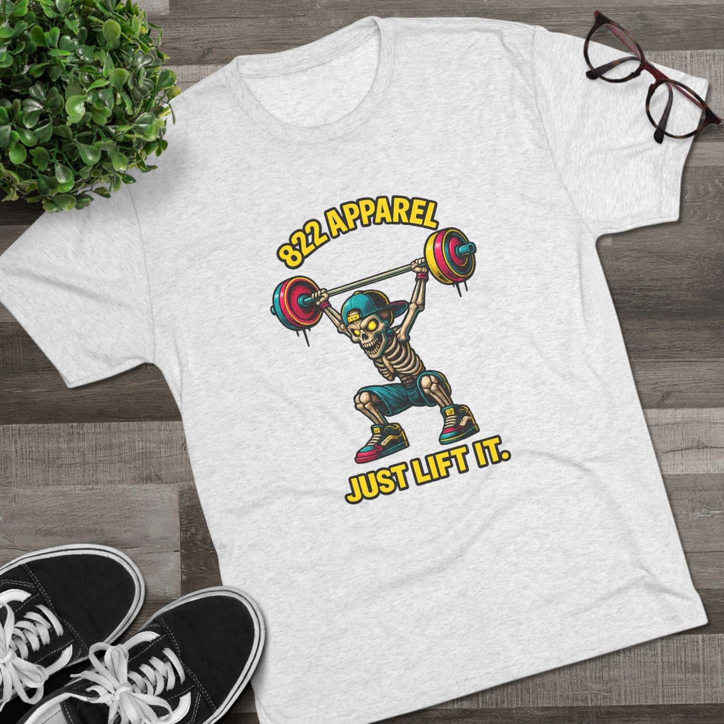 Weightlifting Skeleton T-Shirt — "822 Apparel" Just Lift It Gym Tee