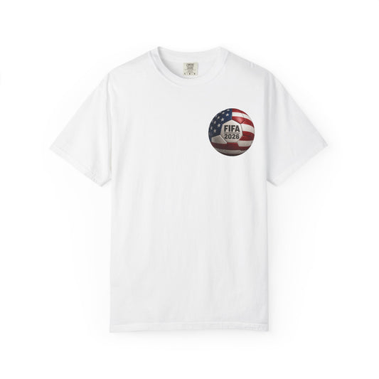 FIFA 2026 World Cup Soccer T-Shirt — USA/Mexico/Canada Flags & Trophy