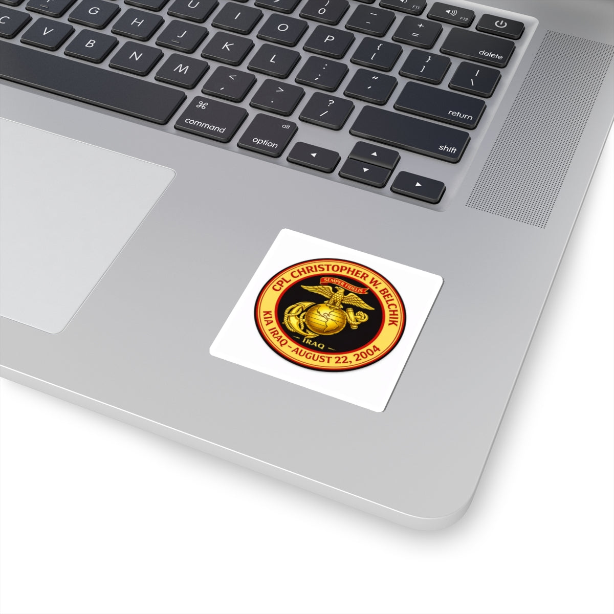 Kiss-Cut Sticker — Memorial USMC Emblem: CPL Christopher W. Belchik, KIA Iraq Aug 22, 2004