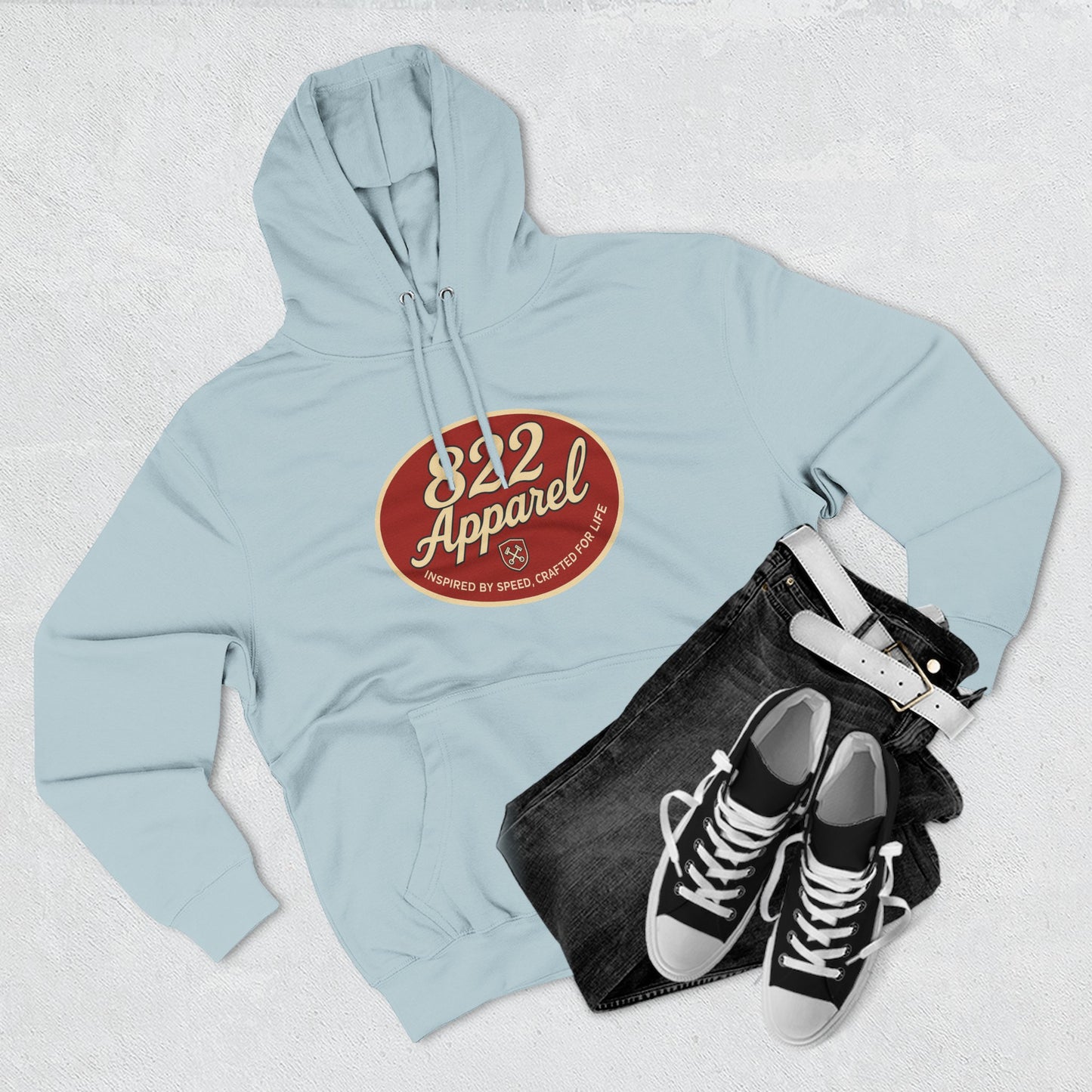 Cozy Three-Panel Fleece Hoodie with Retro 822 Apparel Design