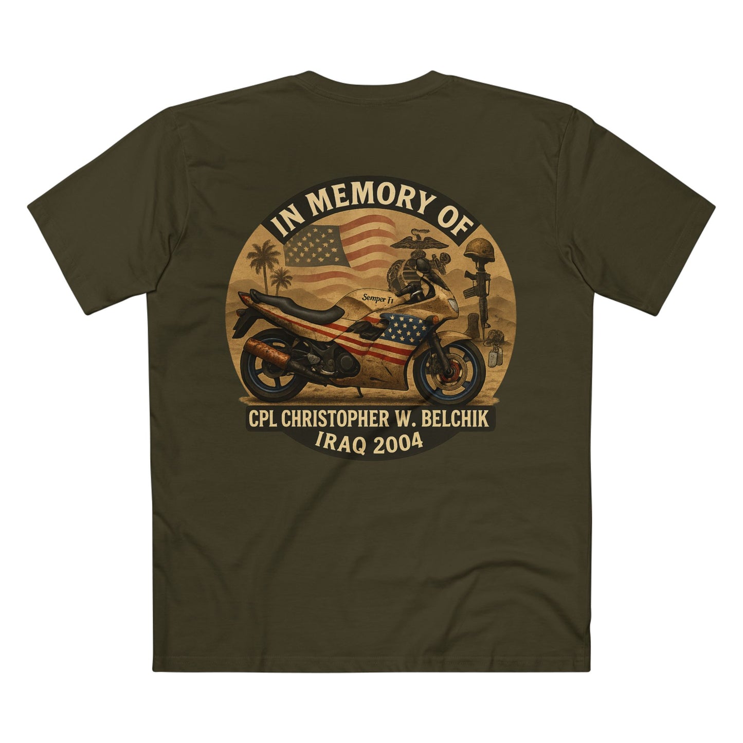 Memorial Motorcycle Tee — "In Memory of CPL Christopher W. Belchik, Iraq 2004"