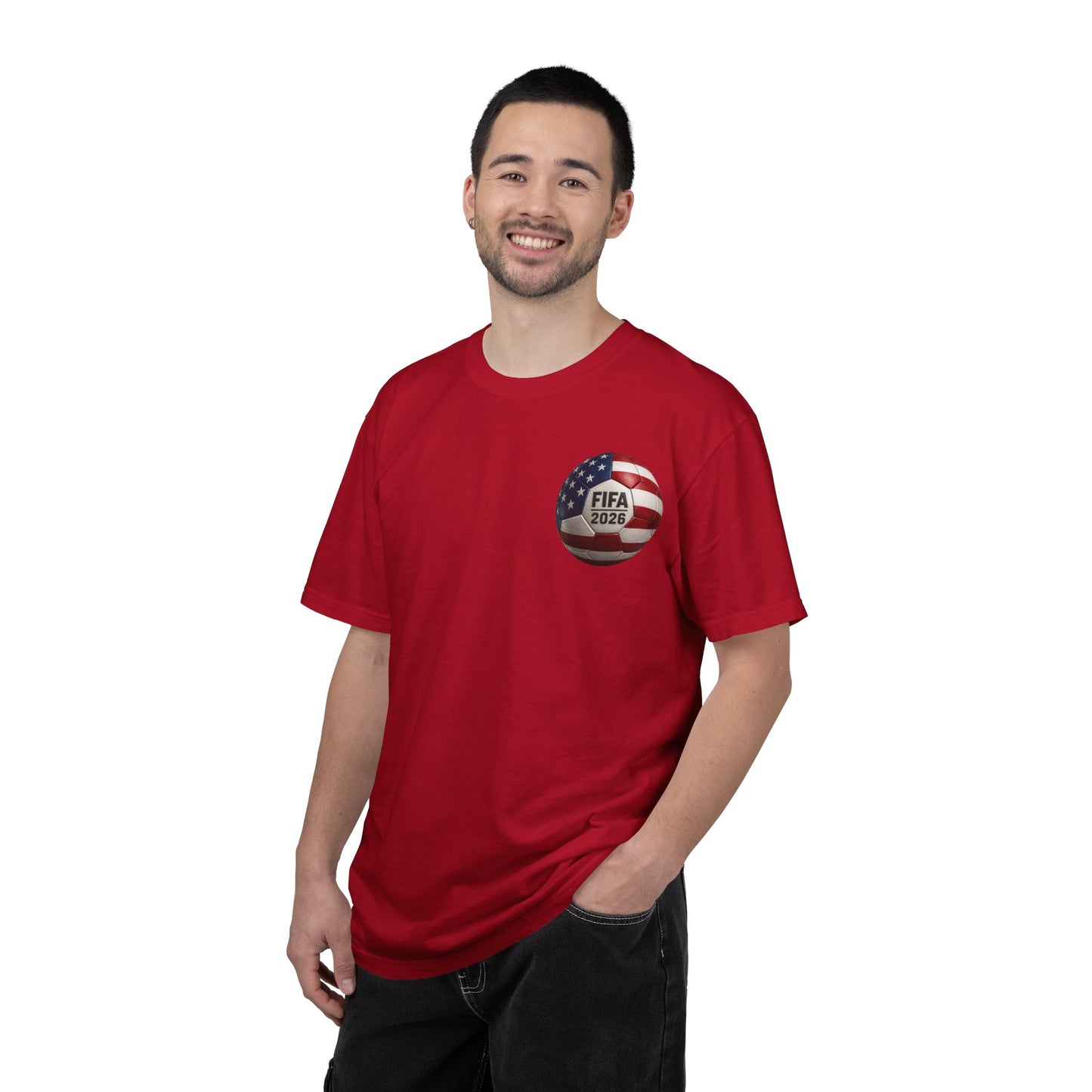 FIFA 2026 World Cup Soccer T-Shirt — USA/Mexico/Canada Flags & Trophy